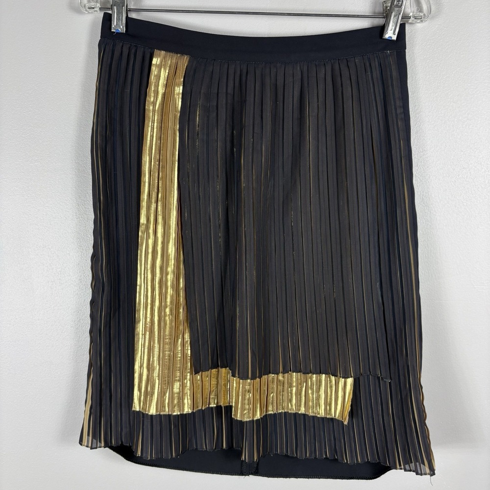 Pianura Studio Women's 42 EU Black Gold Metallic Pleated Mock Wrap Mini‎ Skirt